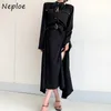 Chic Drawstring Slim Waist Split Dress Women Elegant Double Pockets High Dresses Vintage A-line Vestidos 210422