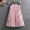 Ladies Vintage Summer Skirts Womens Casual Elastic High Waist Elegant Sexy Midi Pleated Mesh Tutu Women Tulle Female 210629