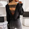 Autumn Lace Patchwork Backless Blouse Women Sexy V Neck Long Sleeve Casual Party Shirts Elegant Office Lady Loose Tops Plus Size 210522