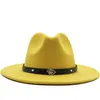 Hombres Mujeres ala ancha fieltro de lana Jazz Fedora sombreros estilo británico Trilby fiesta Formal Panamá gorra blanco amarillo vestido sombrero 56-60CM313M