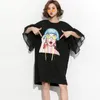 Spring Flare Sleeve Mesh Cartoon Fashion Women Robe Korean O Neck Large Size Casual Tassel T-shirt Style Dress 210510