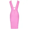 Ocstrade Summer Women Cut Out Bandage Dress Bodycon Sexy Double Deep v Neck Pink Bandage Dress Rayon Evening Party Dress 210401