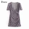 Lato Sexy Głębokie Neck Mini Dress Kobiety Floral Print Vintage Casual Sukienki Panie Krótki Rękaw Boho Sundress Robe 210515