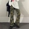 High Street Camouflage Splash Ink Trousers Women's Spring Elastic Waist Multi Pocket Flare Pants 5B679 210427