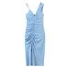 Moda Blue Draw String Midi Sukienka Kobiety Lato V Neck One-Ramię Kobieta ES Asymetryczna strona Split wakacje 210430