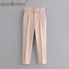 Aonibeier Za Mulher Carreira Pant Office Senhora Traf Straight Calças Cinto Casual Ankle Comprimento Mulheres Calças OEM Fêmea Conjuntos 210721