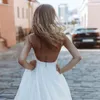Sexy Träger, ärmellos, Satin, Brautkleider, V-Ausschnitt, einfaches A-Linie-Brautkleid, offener Rücken, langer Zug, Vestido de Mariage