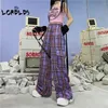 Lordlds mulheres roxo calças xadrez verão estilo solto perna larga calças de cintura alta streetwear mulheres sweatpants coreano roupas q0801