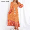 Bohemia Buttons Scollo a V Stampa floreale BOHO Abito a maniche lunghe Donna Bow Strappy Vita elastica Midi Abiti da festa 210429