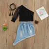 1-6Y Fashion Kid Girl Vêtements Set Une épaule T-shirt Tops Denim Jupes Tenues Costumes d'été pour enfants 210515