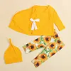 3Pcs Baby Print Clothes Suit V-Neck Long Sleeves Tied Tops Sunflower Print Pants Hat Suit for Toddlers Girls Boys 0-18 Months