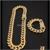 Устанавливает ювелирные изделия Drop Доставка 2021 1M Miami Cuban Link Change Gold Sier Ожерелье Браслет набор Crystal Hrinestone Bling Hip Hop для мужчин