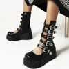 Luxe bout rond été femmes moto bottes boucle métal fermeture éclair plate-forme compensées Goth Punk découpe chaussures