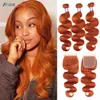 Allove Body Wave Straight Weave Wefts Bundles de cheveux humains avec fermeture en dentelle transparente Couleur orange gingembre 350 extensions vierges pour femmes noires 8-28 pouces