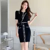 Koreanska sommar Kvinnors Casual Chic Pullover Toppar + Runway Hög midja Elegant Slim Pläterade Kjolar 2 Piece Set Suit 210529