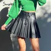 Mode cuir artificiel femmes Mini bouton rayé A-ligne jupe courte High Street Black automne 210414