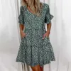 Casual babados solto v-pescoço dwomen verão manga curta floral impressão mulher tamanho 2021 moda vestidos de praia branca x0529