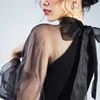 Mujeres Black Patchwork Gauze Hollow Out Bow Vestido Halter Cuello Manga larga Slim Fit Moda Marea Verano 7D162701 210421