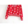 Elegant Women Sexy Star Jacquard Sweaters Fashion Ladies Rad V-Neck Knitted Tops Sweet Female Chic Loose Pullovers 210427