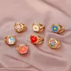 Oil Paint Romantic Heart Couples Ring Flower Fashion Metal Plated Waterproof Donuts Ring Anniversary Jewelry Gift Bijoux Femme