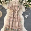 Spring Lace Wood Ear Vestidos Female Stand-up Collar Short-sleeved Heavy Embroidery Flower French Midi Dress C776 210506