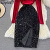 NEPLOE outono inverno 2021 Vestidos a lápis de nova feminina Mulheres de lantejoulas de lantejoulas altas manto de veludo vneck shinestone decorativo vestido g96819991