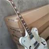 White Semi-Hollow Body Chrome Hardware 2 Pickups Electric Guitar with Big Tremolo Bridge,Rosewood Fingerboard,Can be customized