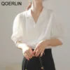 Rękawem Puff White Shirt Kobiety Krótki V-Neck Bluzka Retro Lapel Elegancka Pojedyncza Pierś Letnia Kobieta Plus Rozmiar 210601