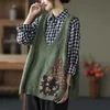 Johnature Vintage Pullover Pullover Westen für Frauen V-Ausschnitt ärmellose Applikationen Druck Blumen Frühling chinesischen Stil Westen 210521