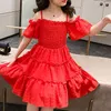 Dziewczyna Dresses Girl Eleganckie One-Ramskie Pasek Koronki Dresy 2022 Letni Cake Princess Fashion Casual Black Red Party 4-15