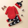 3 stks Baby's Sets Letter Lange Mouwen Romper Cartoon Gedrukt Broek Hoed Peuter Meisjes Jongens Lente Herfst Kerstmis 0-24 Maanden G1023