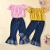 ファッション幼児キッズベビー女の子夏服パーティーセットオフショルダートップス Tシャツフレアパンツ 2 個女の子服衣装 3-7Y 1025 V2