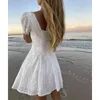 夏の女性の刺繍ミニセクシーアップホワイトレース短いチュニックビーチドレス210415