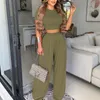 Pantalon de deux pièces pour femmes Homewear Summer Femmes Sexy Wear Costume Ensembles Solide Plus Taille Col rond Plaine Manches courtes Crop Top Wide Leg Set