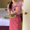Korjpaa Kvinnor Sommar Koreanska Chic Åldersreducering Lemon Brev Tryckt Kortärmad T-shirt Högt midja Straight Kjolar 210526