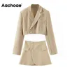 AACHOAE Moda 2 Parça Set Kadın Blazer Etek Suit Katı Renk Kırpılmış Setleri Bayanlar Yan Bölünmüş Mini Etekler Kıyafetler 211106