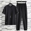 Summer Linen Men Set Chinese Style Thin Breathable Sportswear Short Sleeved Tshirt Casual Tracksuit Men Slim Jogger Sweat Suits 210806