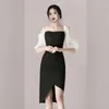 Koreaanse lente en sudder stijl bubble mouw mode dunne sexy borst wikkel onregelmatig kantoor feest voor vrouwen jurken 210602