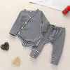 Baby Clothings Sets Solid Color Stripe Romper Pit Długim Rękawem Bluza + Spodnie Przycisk Design Piżamy Chłopcy Dziewczyny Kids Garnitury 2 sztuk / Set 4Colors WMQ754