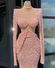 Elegant Sequined Formal Evening Dresses With Long-sleeve Ruched Satin Robe de mariée Mermaid Prom Party Gowns Custom Made