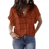 Primavera e verão Moda Feminina Casual Verificação Solta Pocket Pocket V-Decote De Mangas Curtas Plus Size Pullover T-shirt Para Meninas 210722