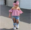 3PCS Set For Girl Summer Clothes Pink Tops+ Ripped Jeans+Headbands 2021 Girls Suit Children Outfits Kids Casual Clothing Sets 1-7 Years