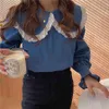 Pullover blu patchwork in pizzo sciolto tutto abbinato Colletto alla Peter Pan Office Lady Chic Gentle Fashion Camicie 210525