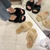 2021Winter Faux Fur Slippers Indoor Sandals Woman Flat Floor Sandalias Furry Female Plush Shose Lady Sandales Elastic Band Warm H1115