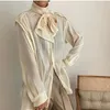 Work Wear Luster Bow Pleated Long Sleeve Solid OL Formal Elegant Minimalist Shirt Women Blouses Loose Tops Female 210421