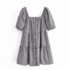Elegant Summer Plaid Square Collar Za Mini Dress Vintage Casual Female Ruffle Short Ruffle Sleeve Short Summer Dresses 210521