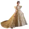 2021 Bebê Bebê Flor Vestidos Jóia Pescoço Appliqued Gold Lantejoulas Girl Pageant Vestido Cascading Ruffle Sweep Train Feito Personalizado Vestidos de Aniversário