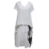 VKBN Summer Dress Printing Bomull Linen V-Neck Kortärmad Loose Pullover White Party Evening Maxi Klänningar för Kvinnor 210507