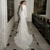 Modesto manga longa vestido de noiva boêmio com laço 2021 jóia decote ver através de frente sem encostas brutas boho noiva vestidos ilusão simples Vestido de Noiva