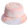 Kvinnor Vinter Rainbow Tie Dye Bucket Hat Fluffy Plush Thick Warm Fisherman Cap B95f breda brädhattar